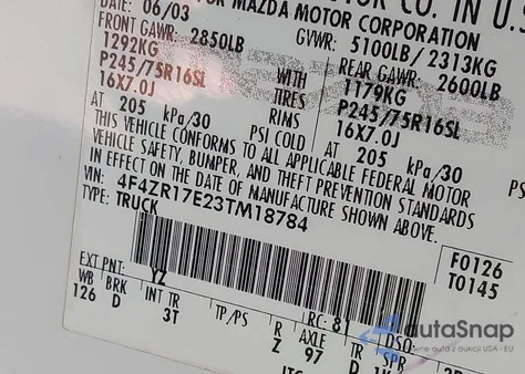 2003 Mazda B4000 Se z USA, uszkodzony, nr VIN 4F4ZR17E23TM18784